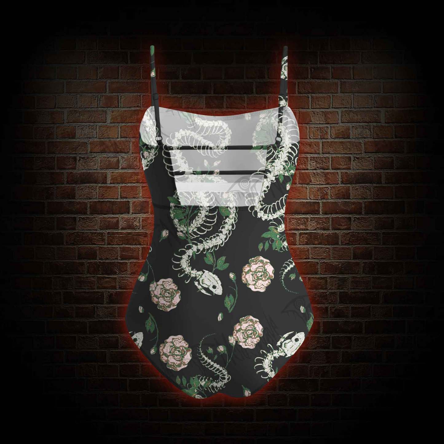 Flowers and Snake Skeleton Slim-Strap Swimsuit