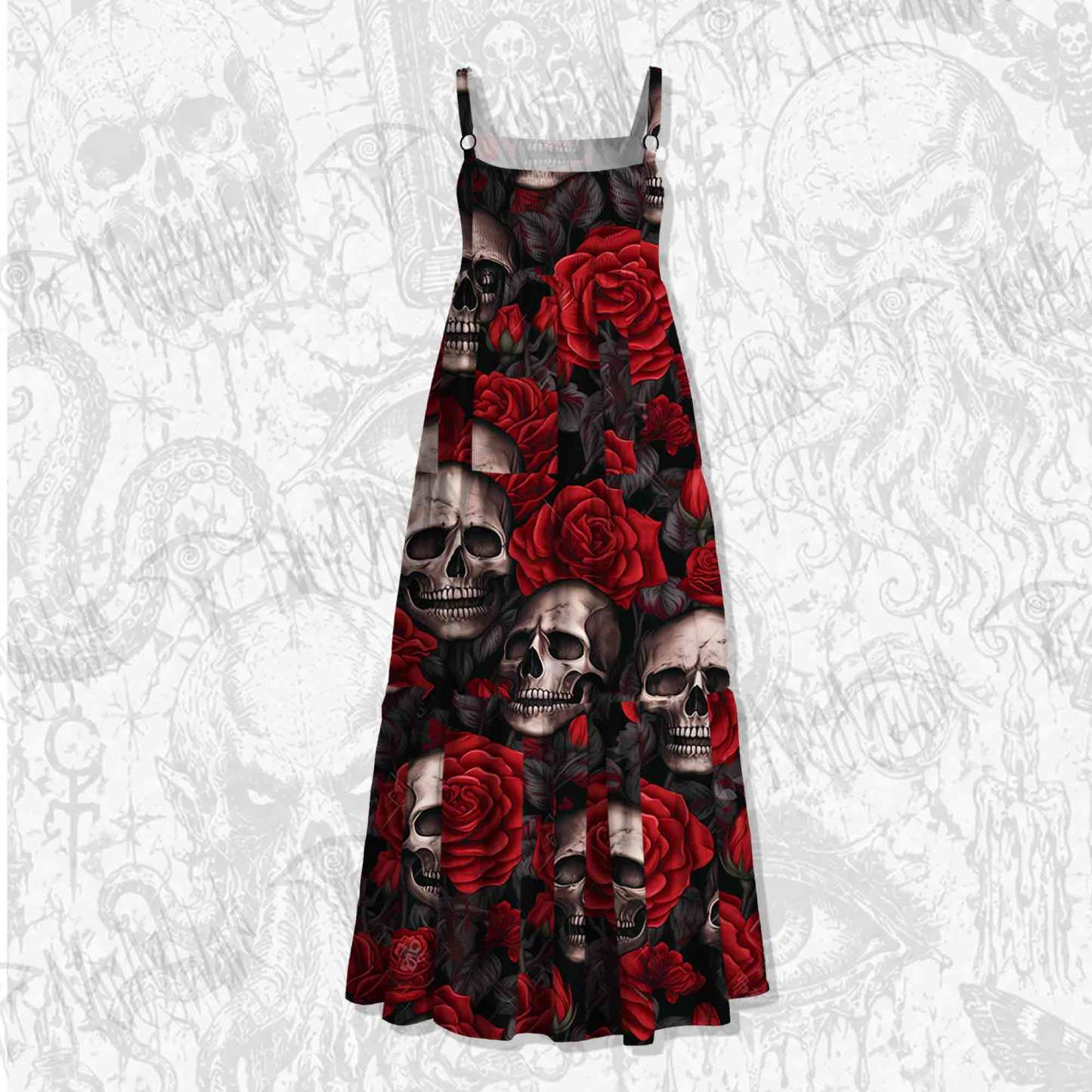 Skull and Roses Spaghetti Strap Long Dress