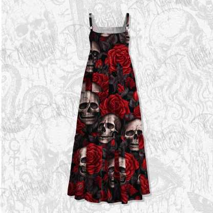 Skull and Roses Spaghetti Strap Long Dress