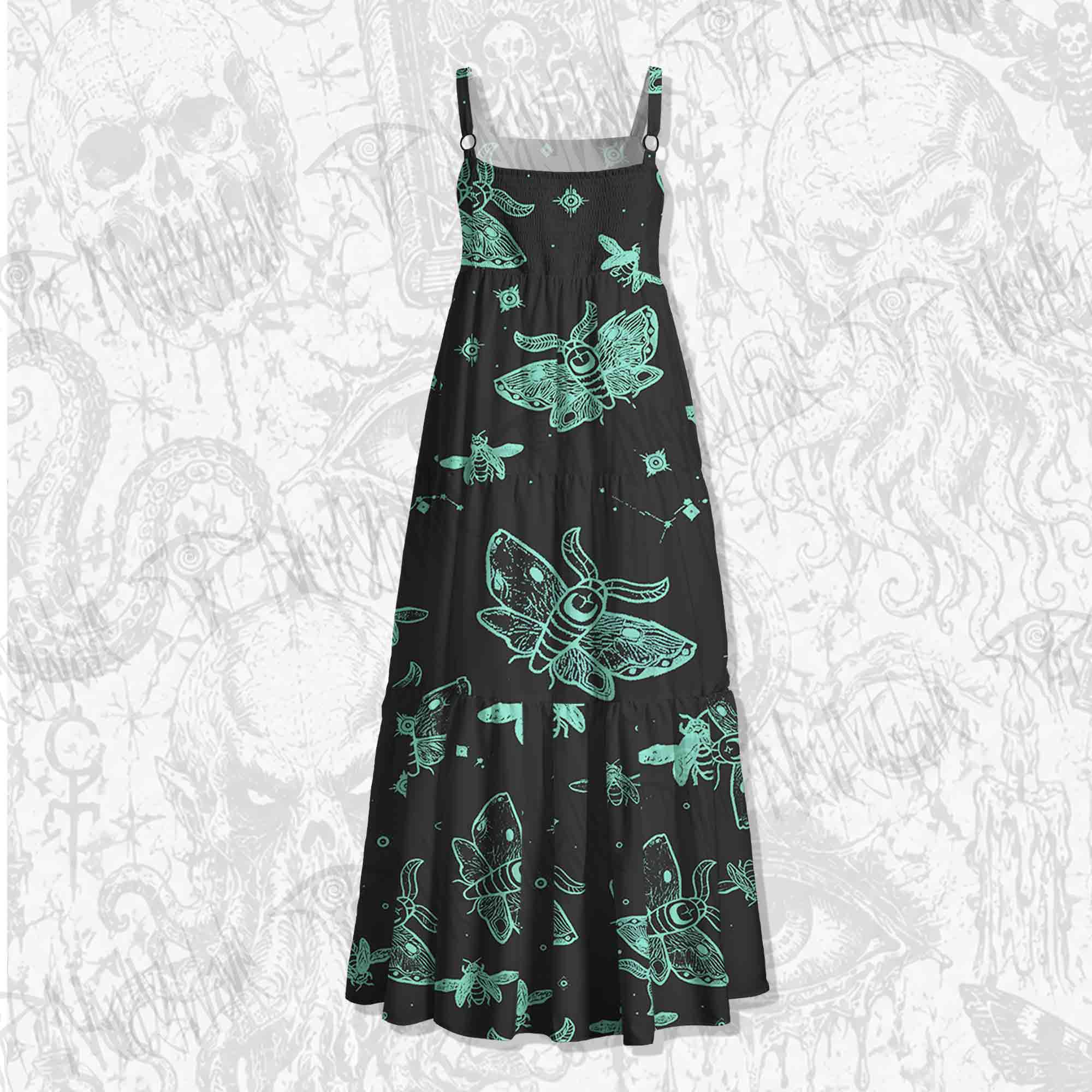 Midnight Flying Insects Spaghetti Strap Long Dress