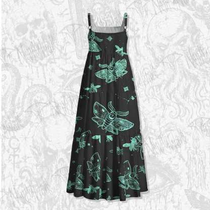 Midnight Flying Insects Spaghetti Strap Long Dress