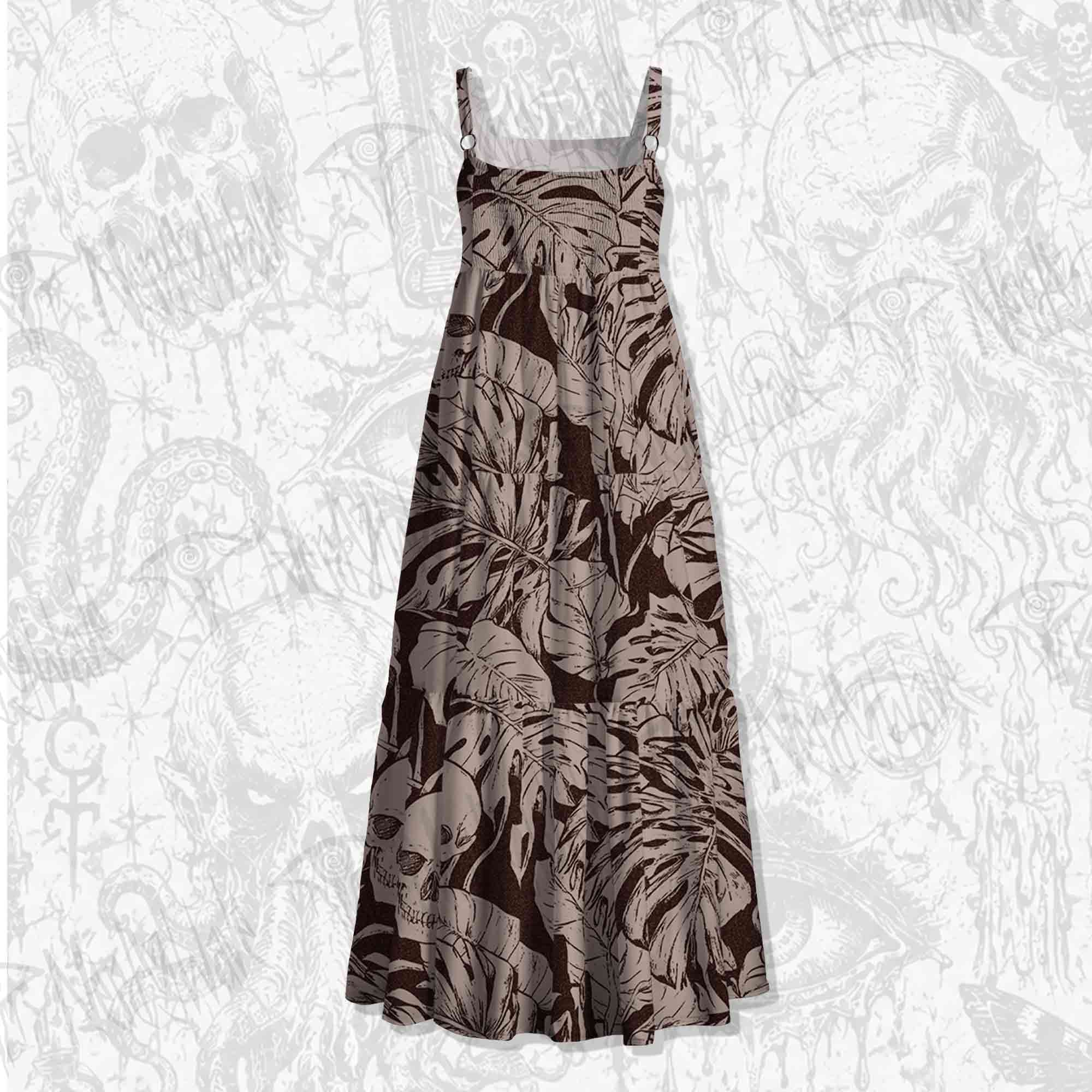 Skull Palm Leaves Spaghetti Strap Long Dress