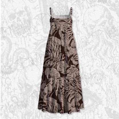 Skull Palm Leaves Spaghetti Strap Long Dress