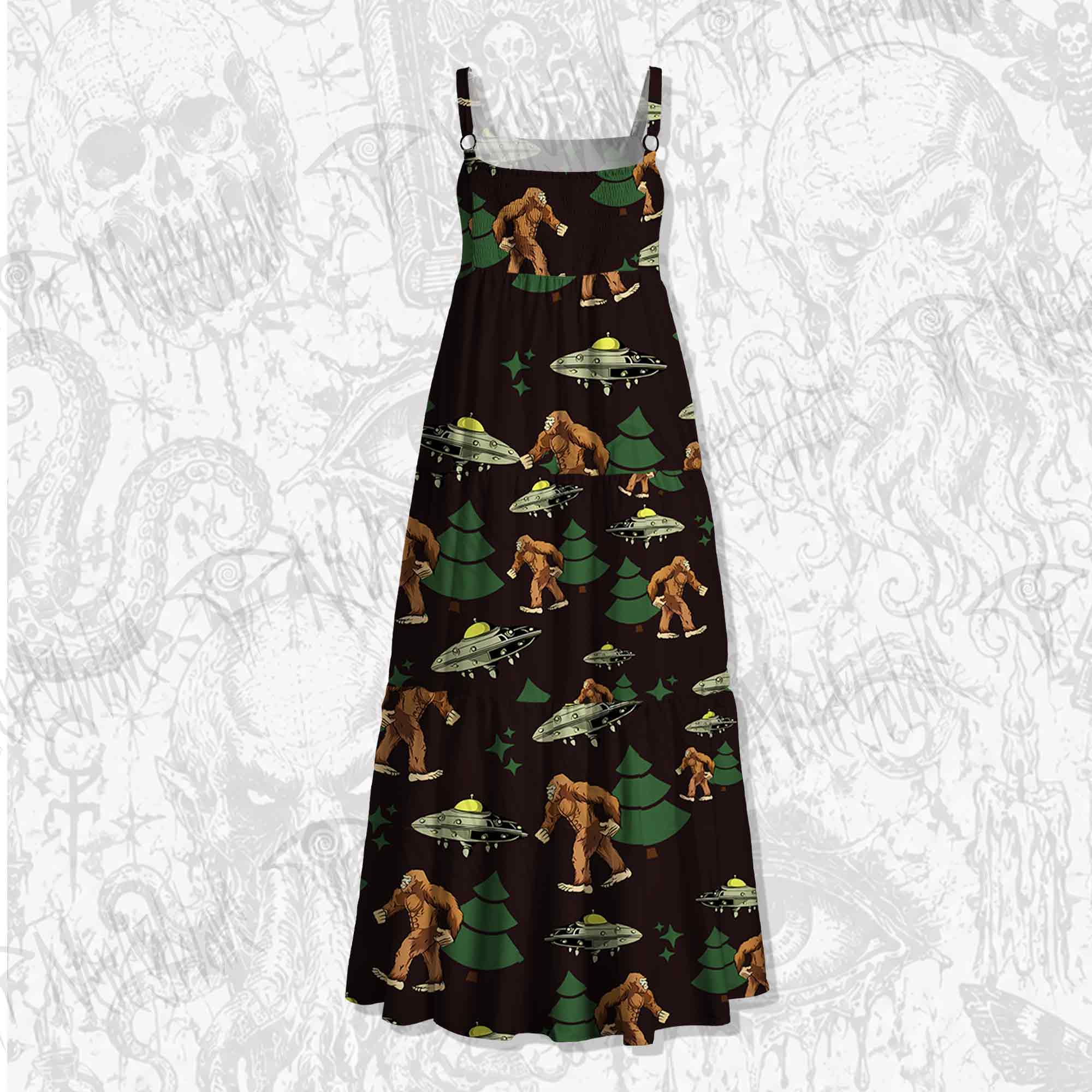 Bigfoot and UFO Spaghetti Strap Long Dress