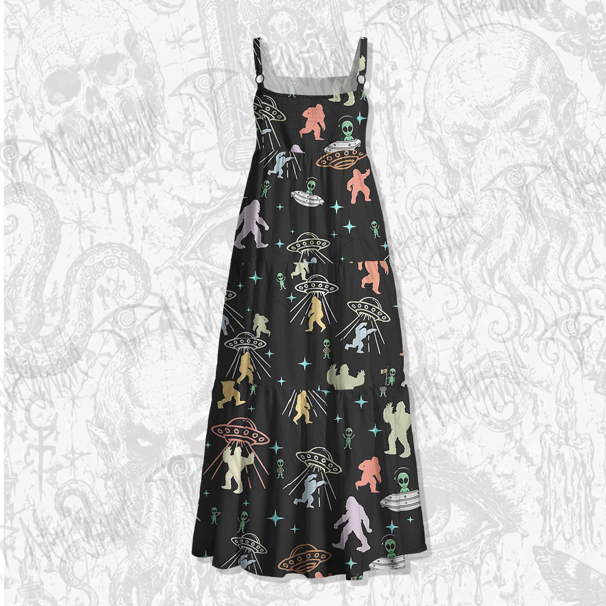 Bigfoot and Alien Party Spaghetti Strap Long Dress