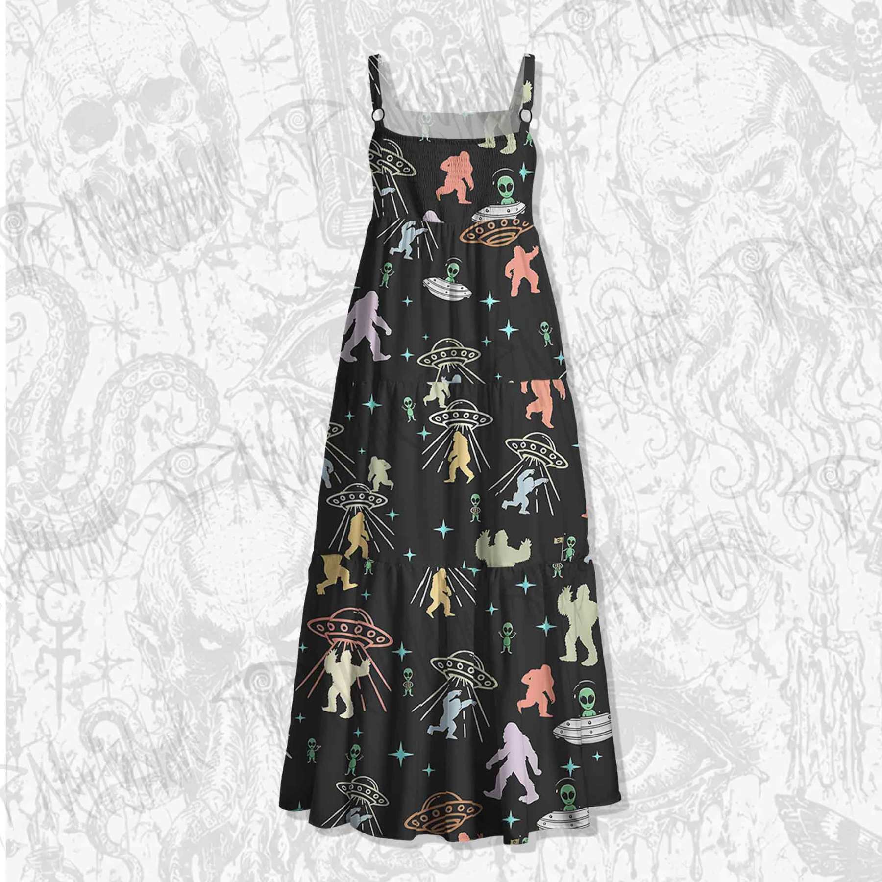 Bigfoot and Alien Party Spaghetti Strap Long Dress
