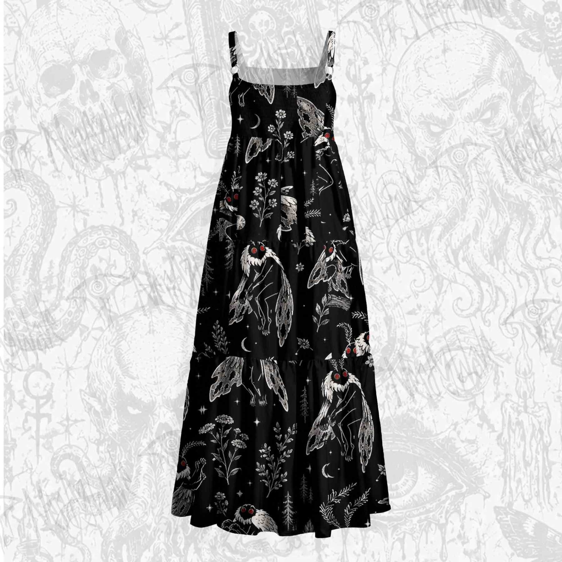 Mothman and Flower Wide Straps Maxi Dress