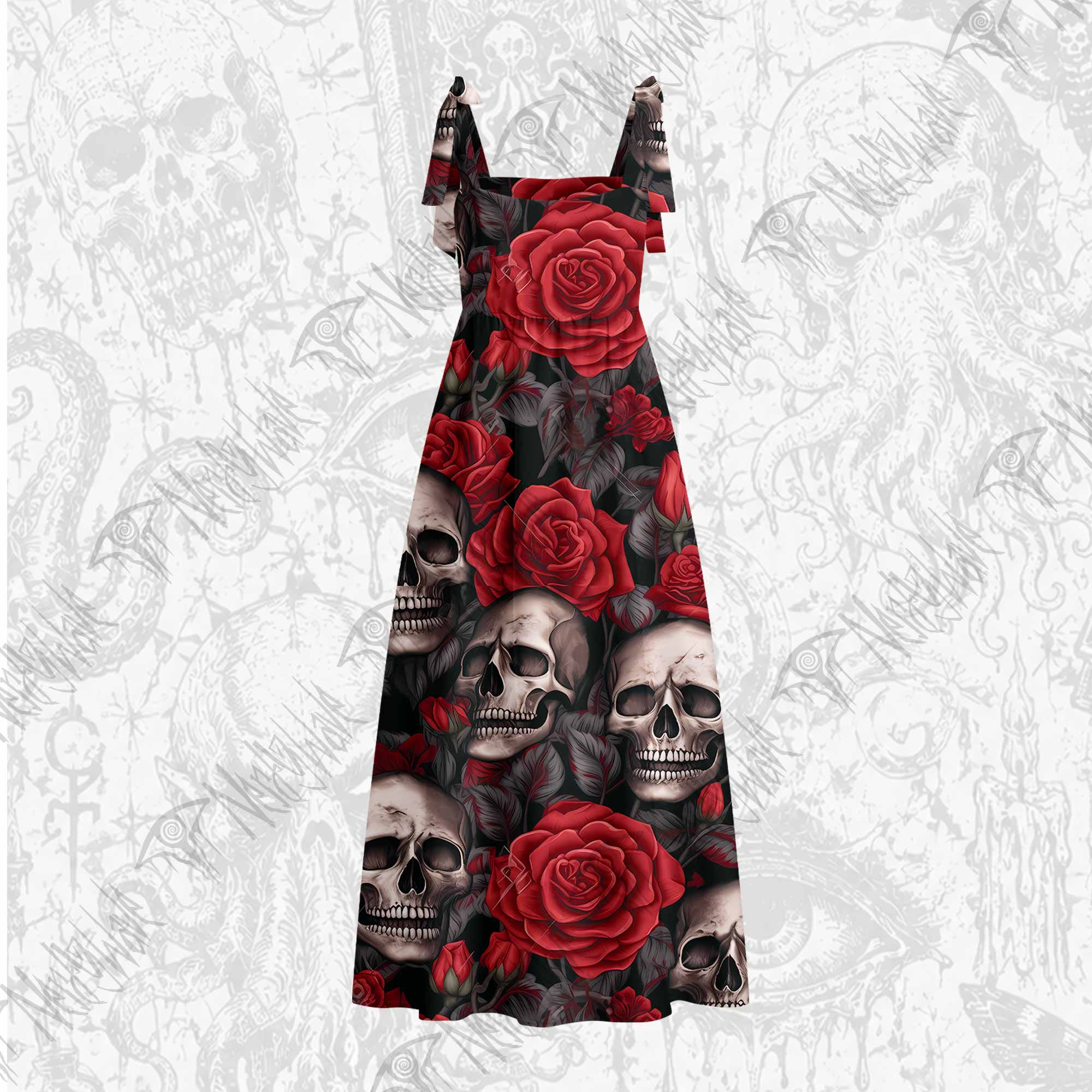 Skull and Roses Tie Shoulder Maxi Dress