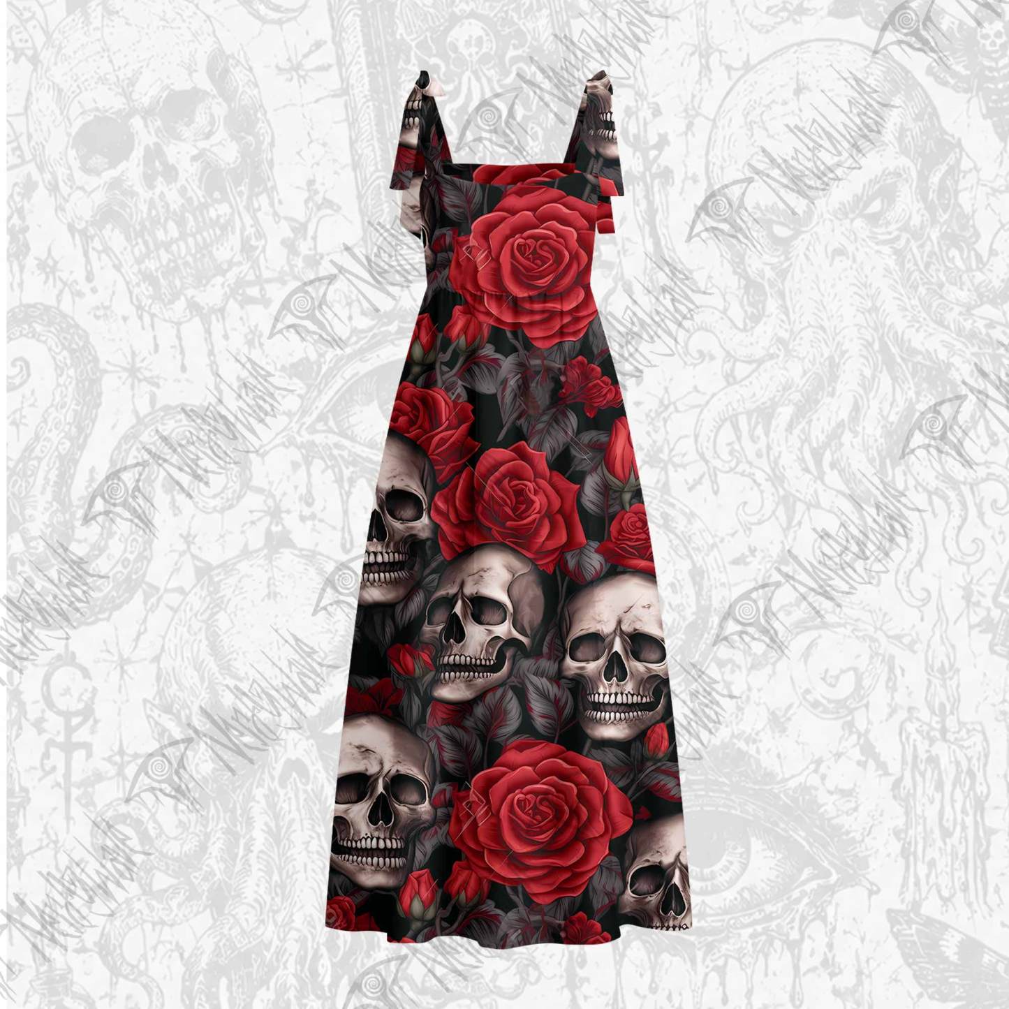 Skull and Roses Tie Shoulder Maxi Dress
