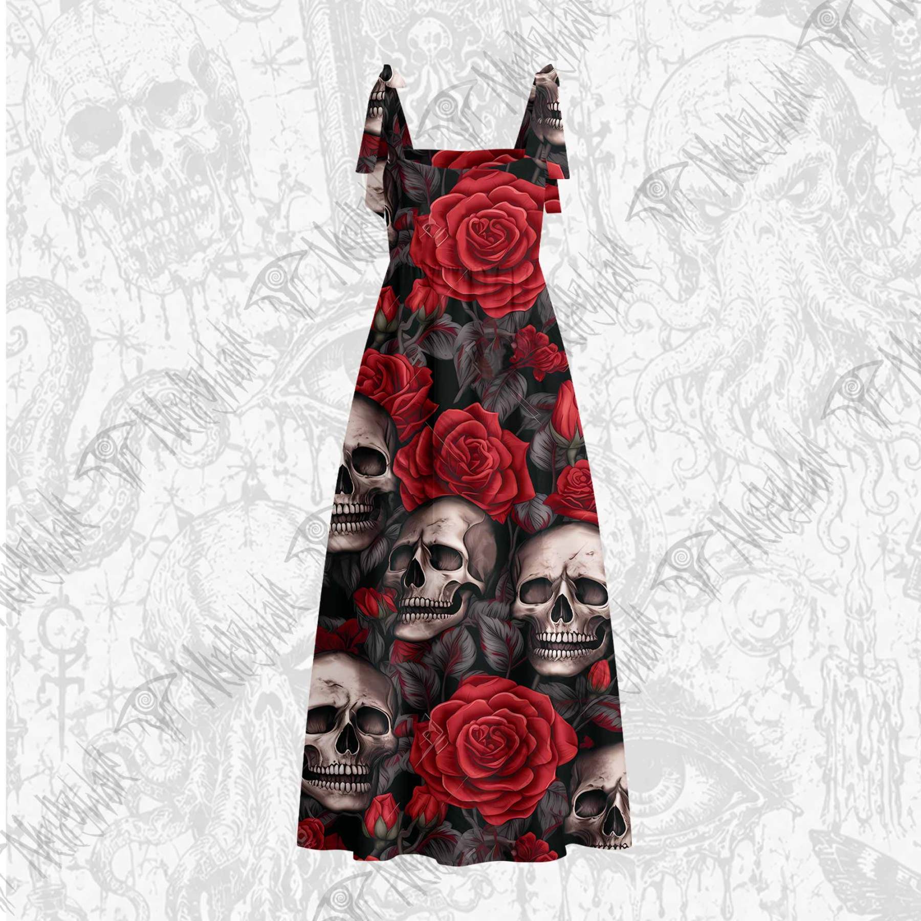 Skull and Roses Tie Shoulder Maxi Dress