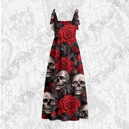 Skull and Roses Tie Shoulder Maxi Dress