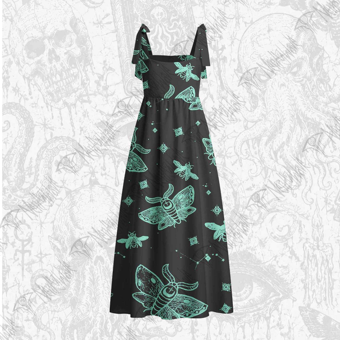 Midnight Flying Insect Tie Shoulder Maxi Dress