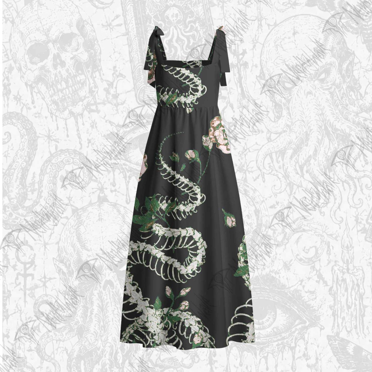 Flowers and Snake Skeleton Tie Shoulder Maxi Dress