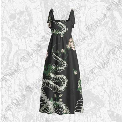 Flowers and Snake Skeleton Tie Shoulder Maxi Dress