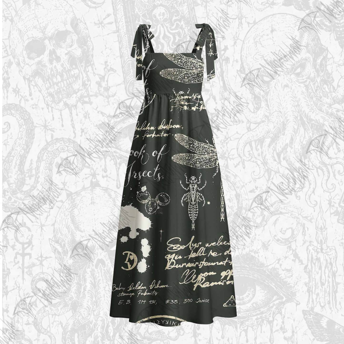 Retro Insects Tie Shoulder Maxi Dress