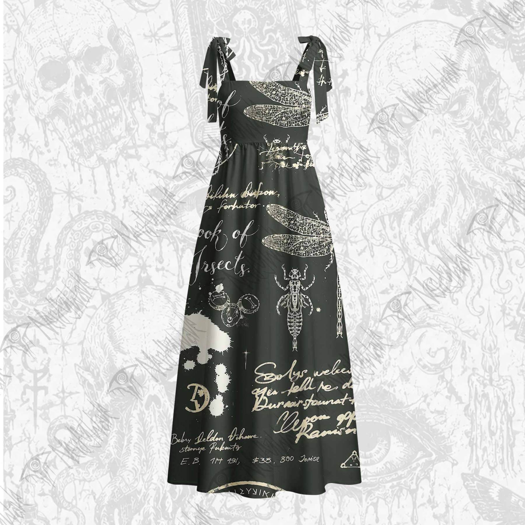 Retro Insects Tie Shoulder Maxi Dress
