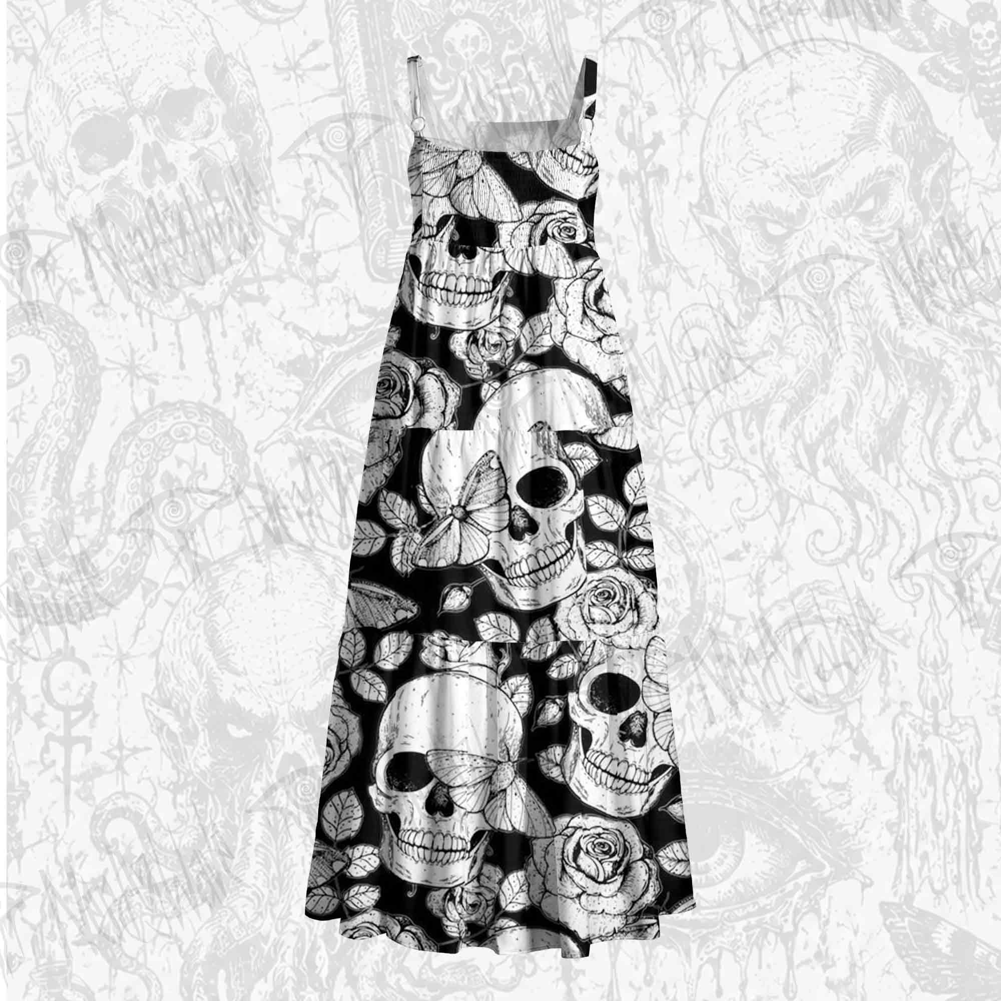 Skull Roses Wide Straps Maxi Dress