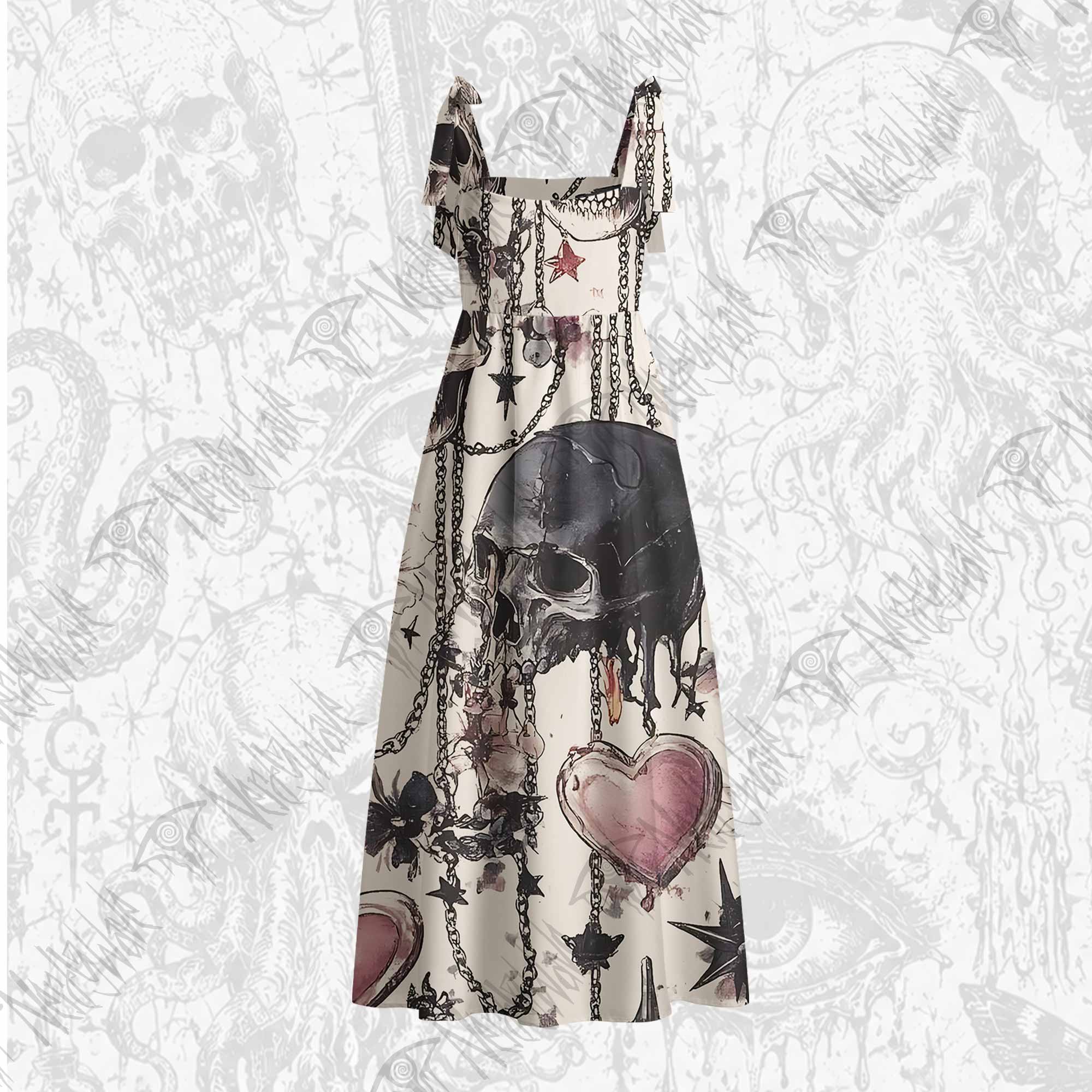 Skull & Heart Tie Shoulder Maxi Dress
