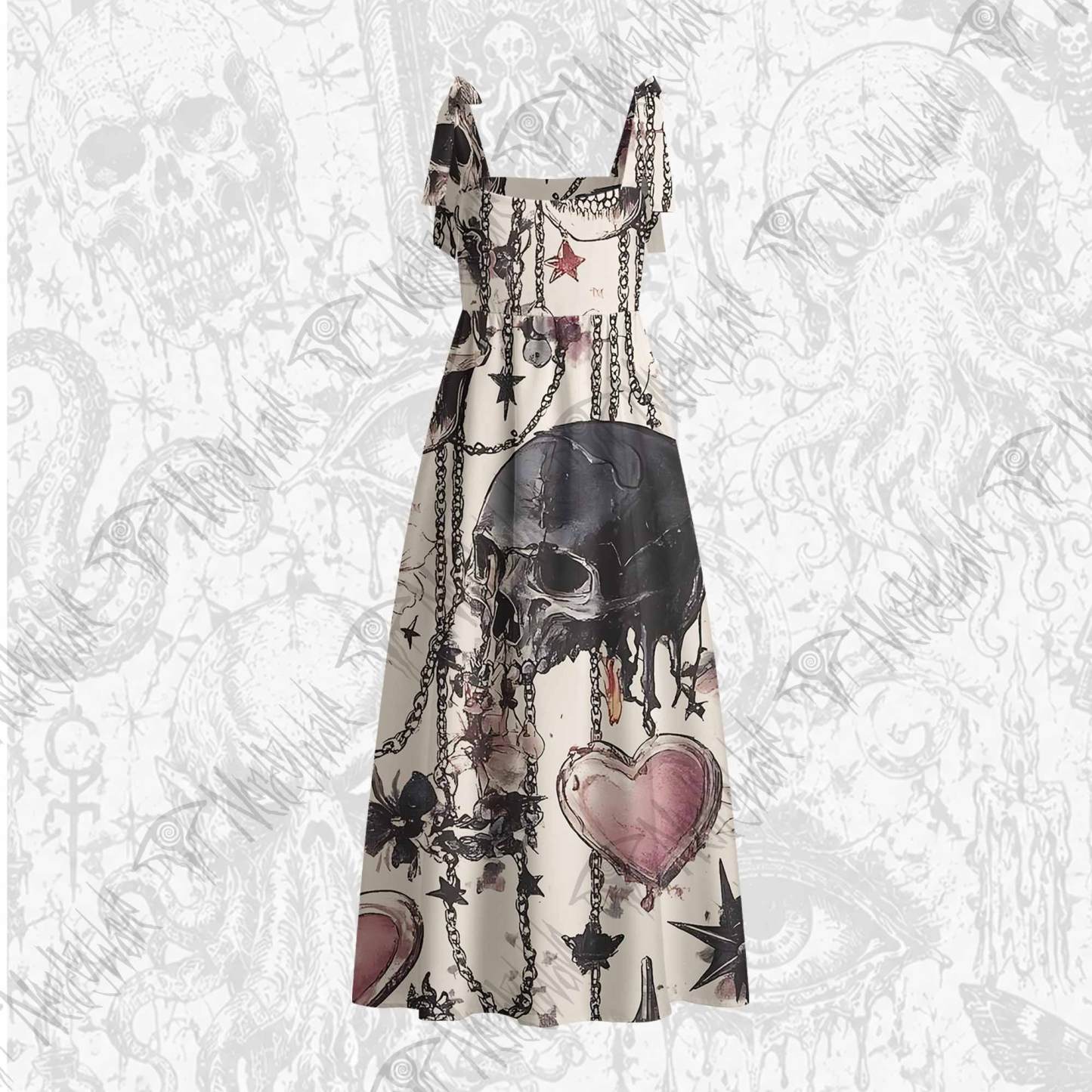 Skull & Heart Tie Shoulder Maxi Dress
