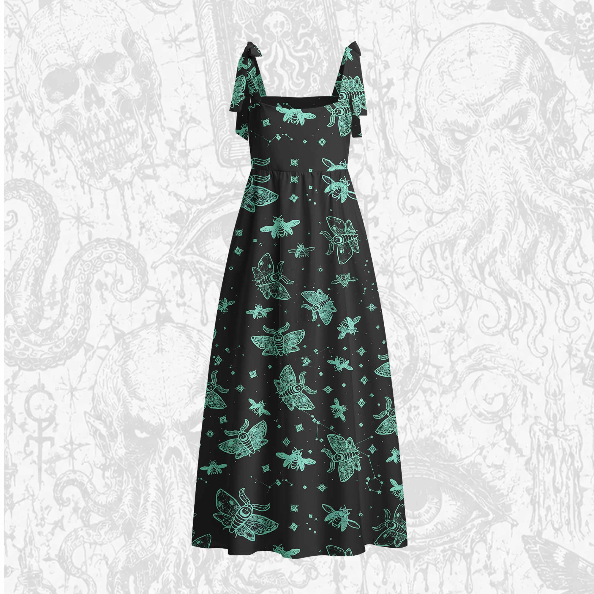 Midnight Flying Insect Tie Shoulder Maxi Dress