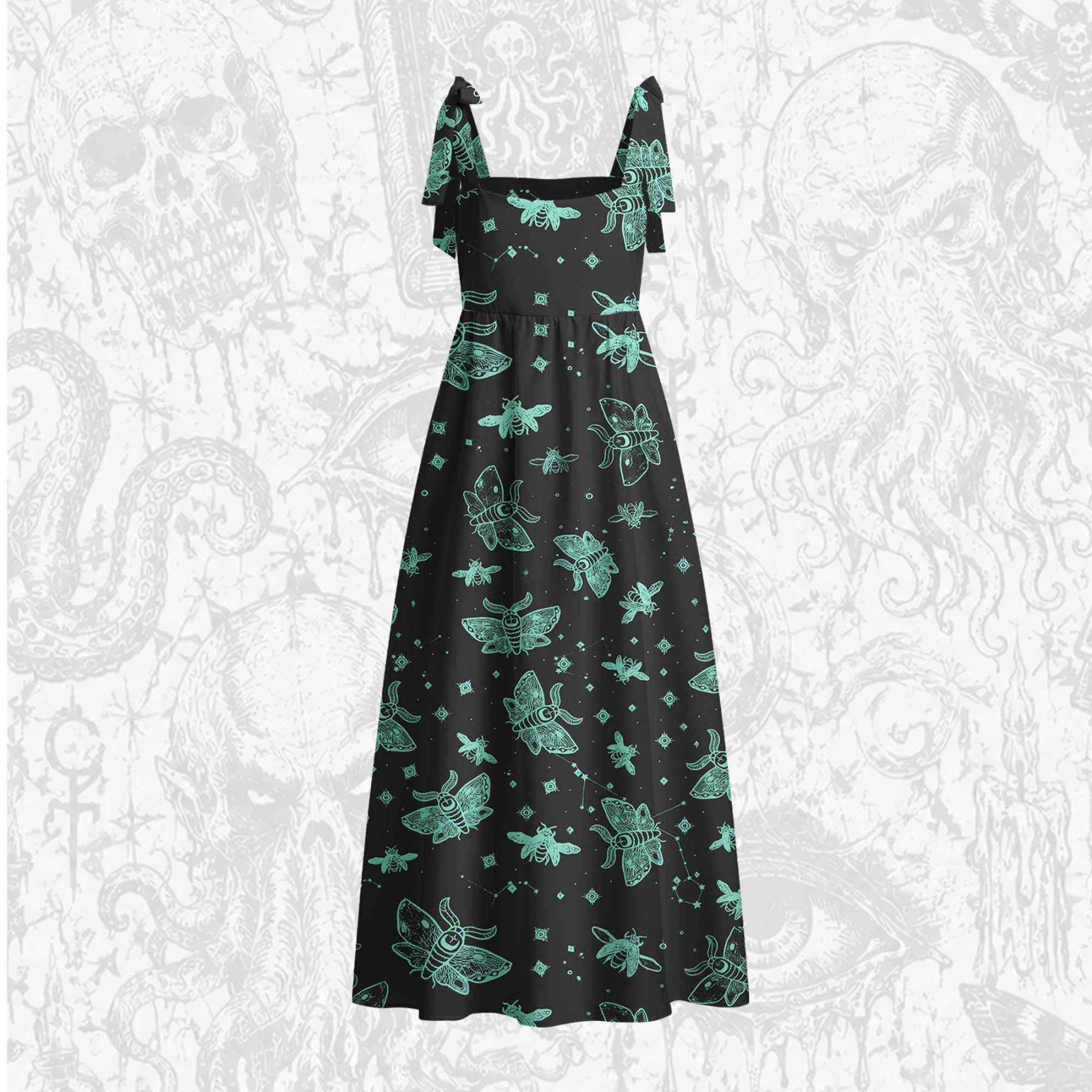 Midnight Flying Insect Tie Shoulder Maxi Dress