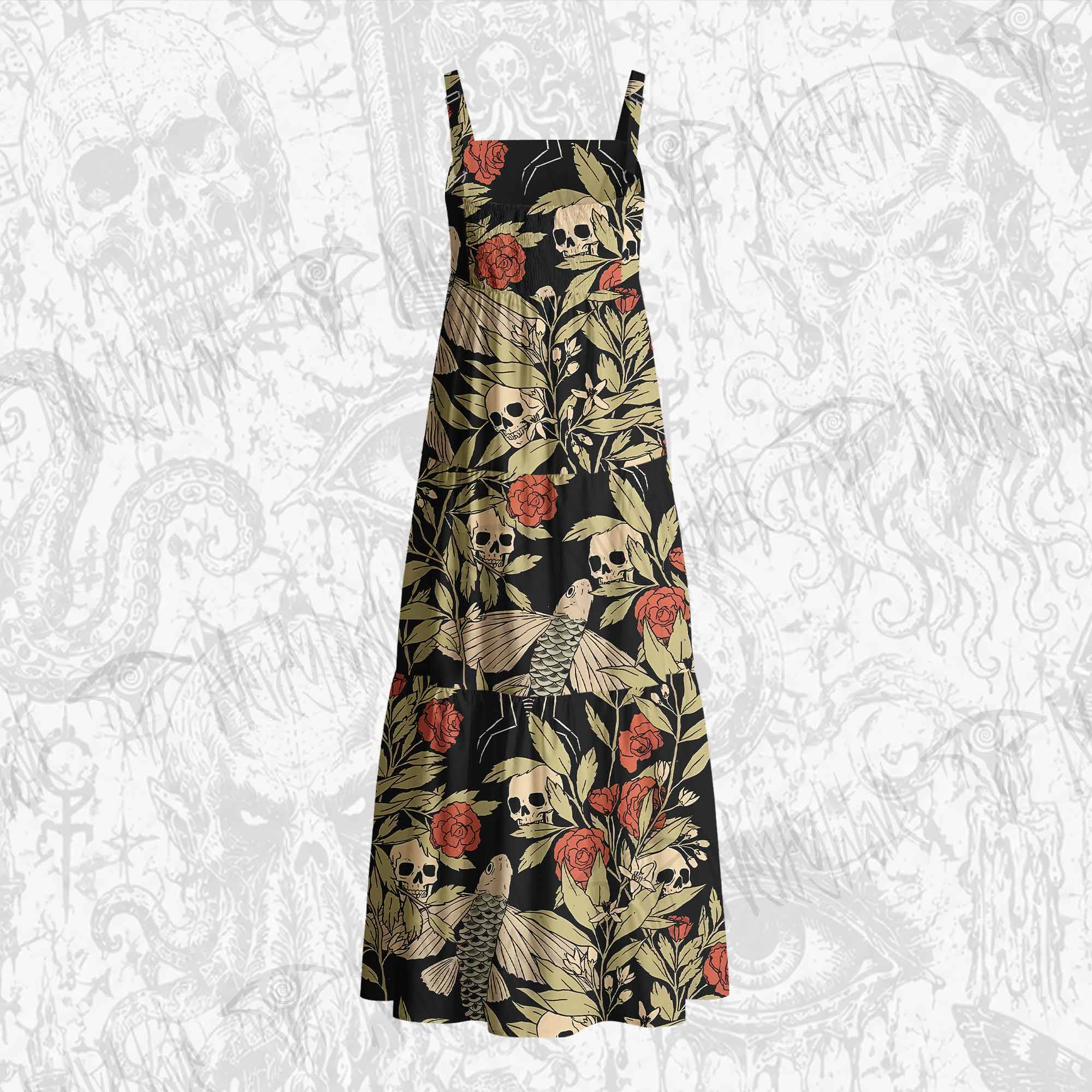 Skull and Flying Fish Cotton Wide Straps Maxi Dress