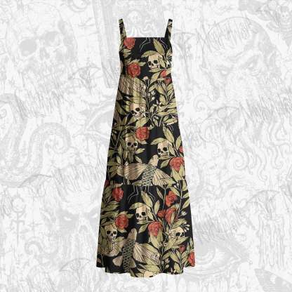 Skull and Flying Fish Cotton Wide Straps Maxi Dress