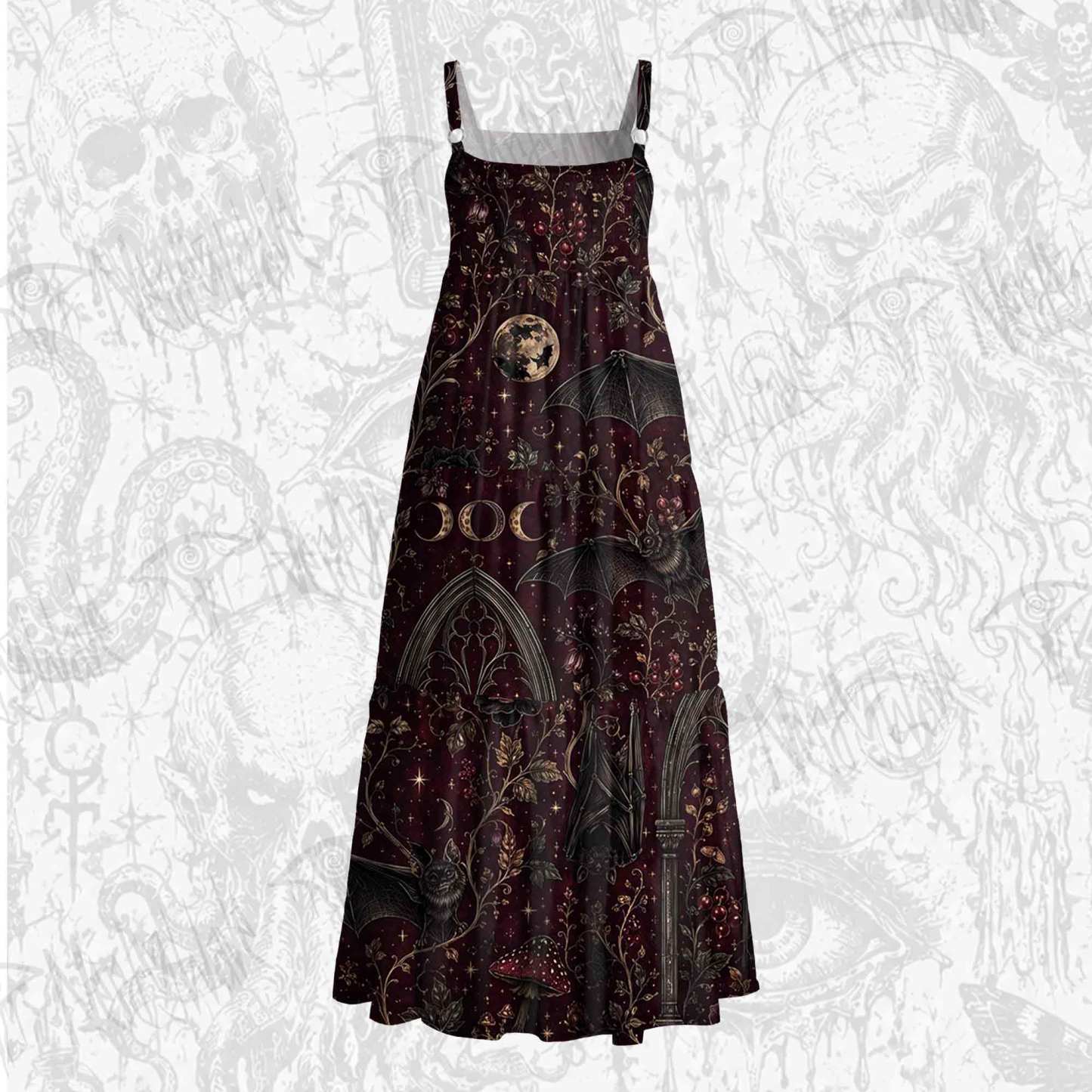 Gothic Bat Full Moon Wide Straps Maxi Dress