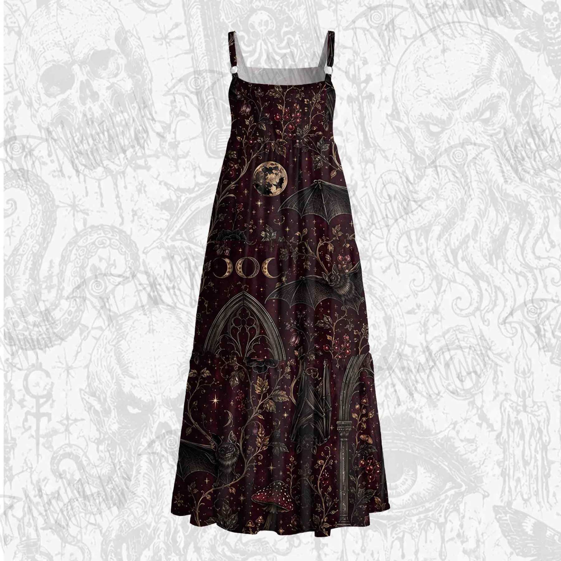 Gothic Bat Full Moon Wide Straps Maxi Dress
