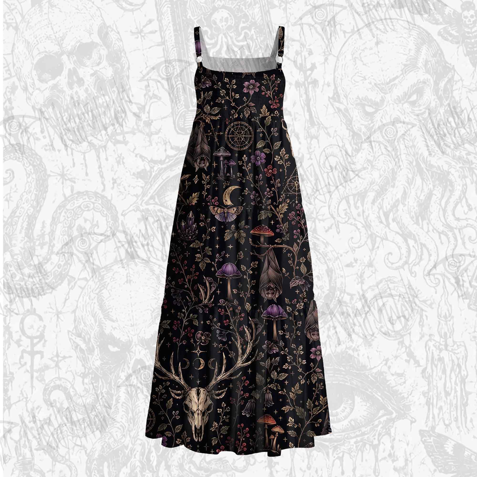Occult Forest Stag Skull Floral Wide Straps Maxi Dress