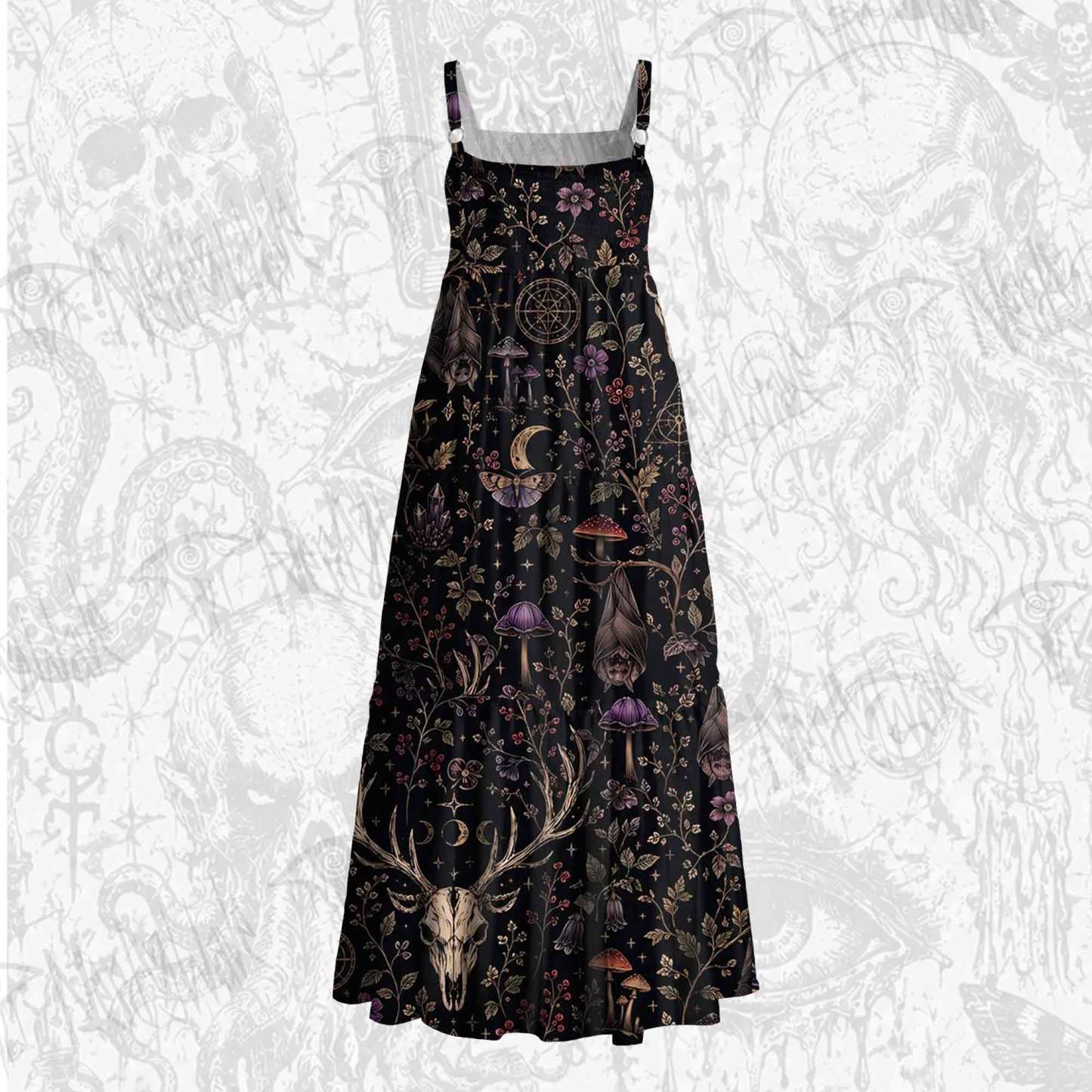 Occult Forest Stag Skull Floral Wide Straps Maxi Dress