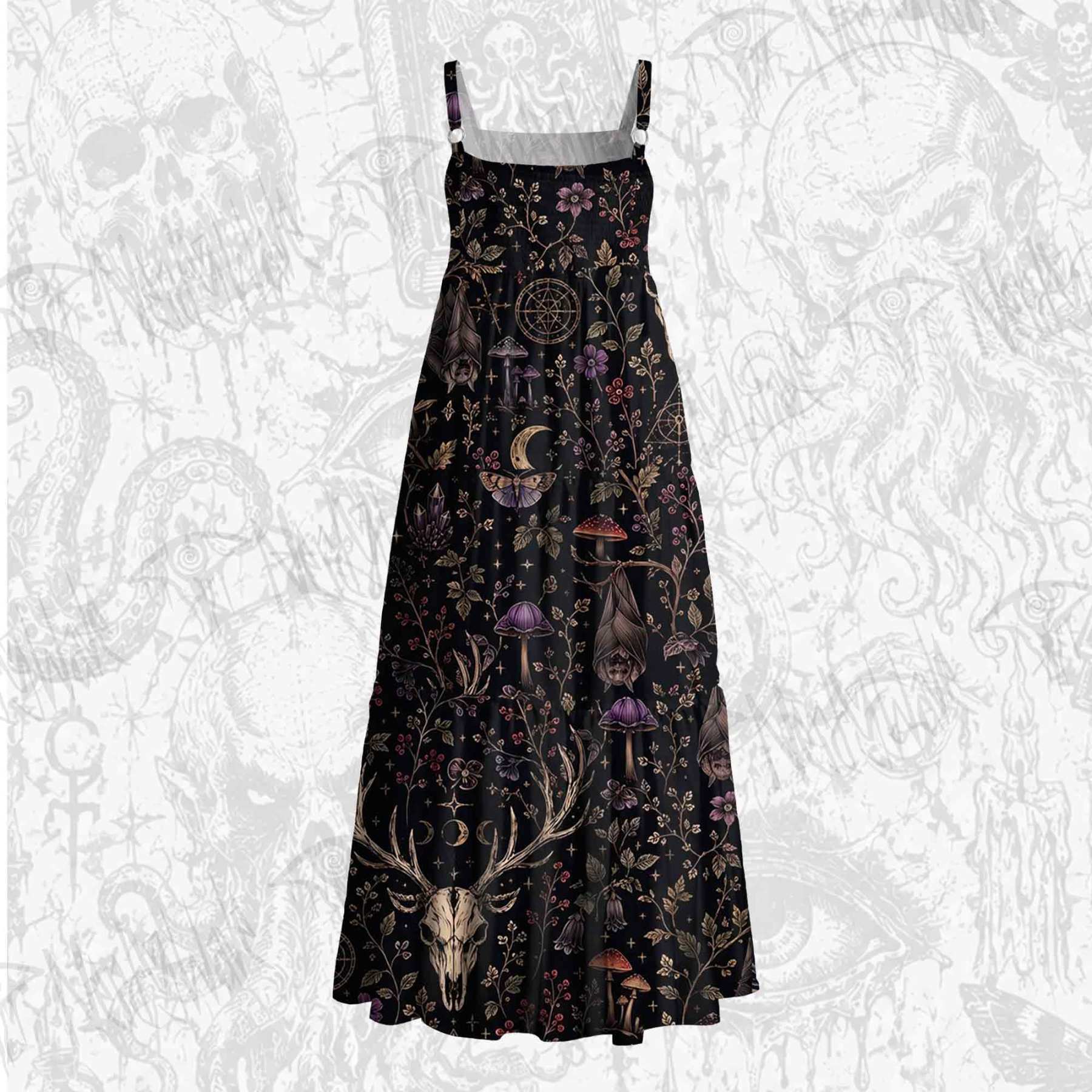 Occult Forest Stag Skull Floral Wide Straps Maxi Dress