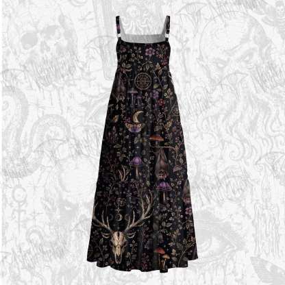 Occult Forest Stag Skull Floral Wide Straps Maxi Dress