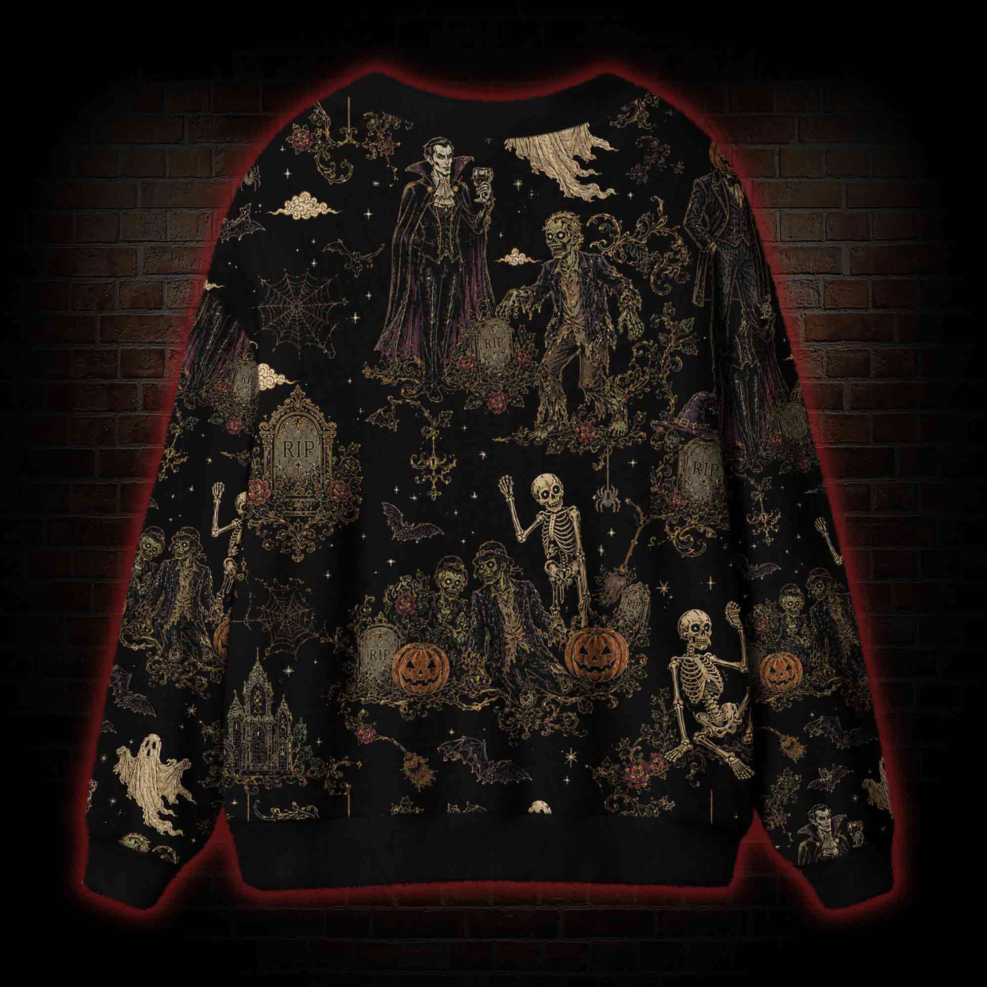 Vintage Halloween Vampire Skeleton Pumpkin Cardigan Sweater