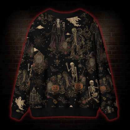 Vintage Halloween Vampire Skeleton Pumpkin Cardigan Sweater