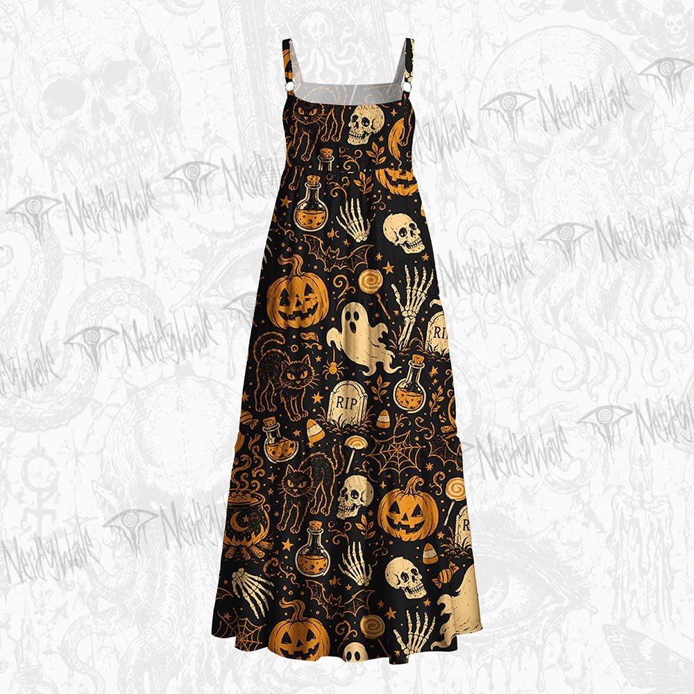 Spooky Ghost Black Cat Wide Straps Maxi Dress