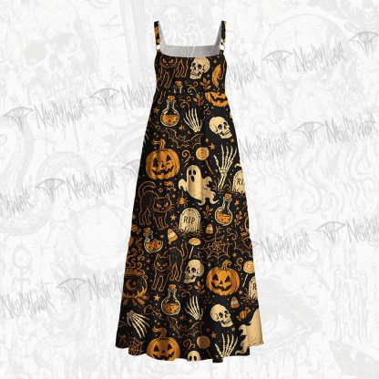 Spooky Ghost Black Cat Wide Straps Maxi Dress