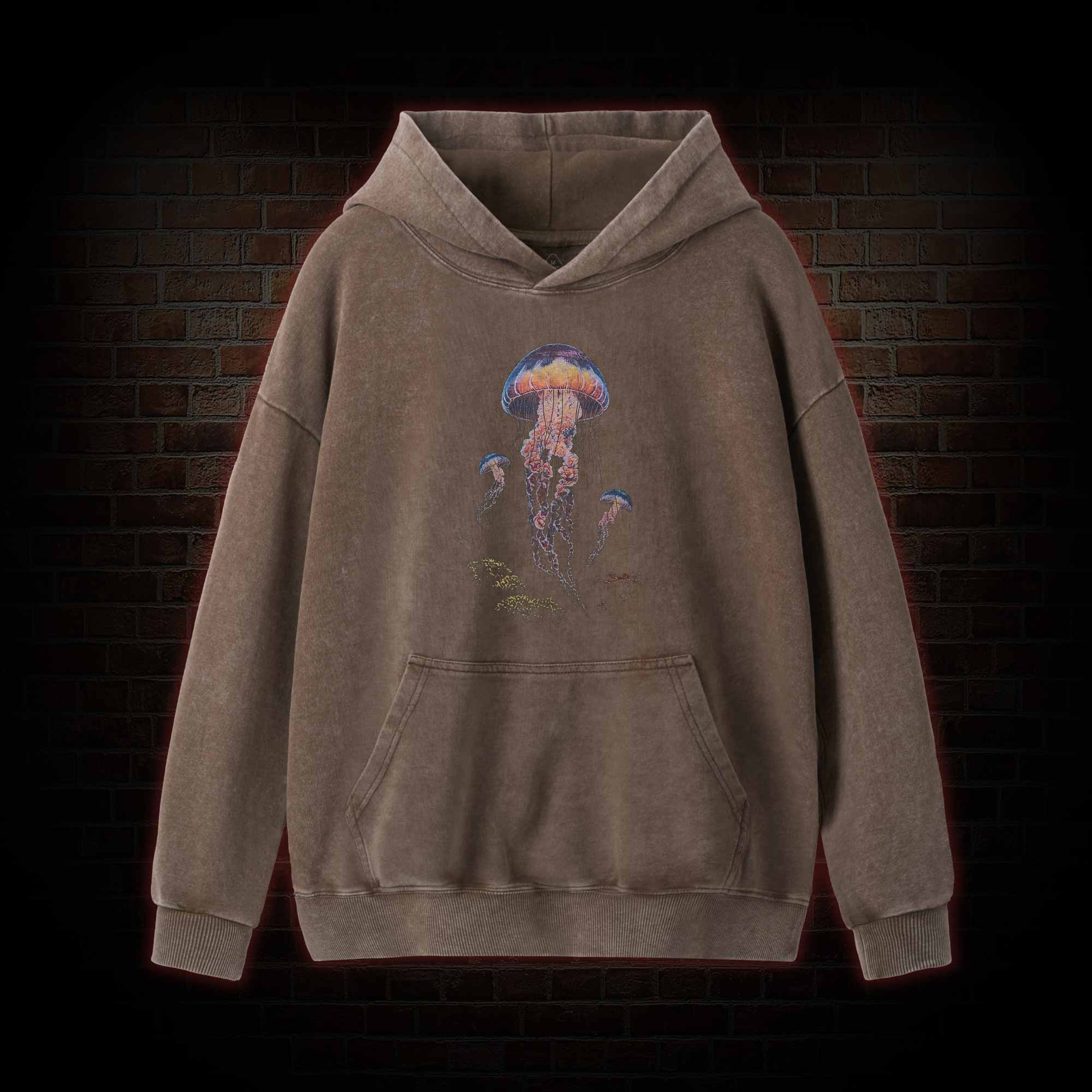 Vintage Jellyfish Dark Ocean Grunge Washed Hoodie