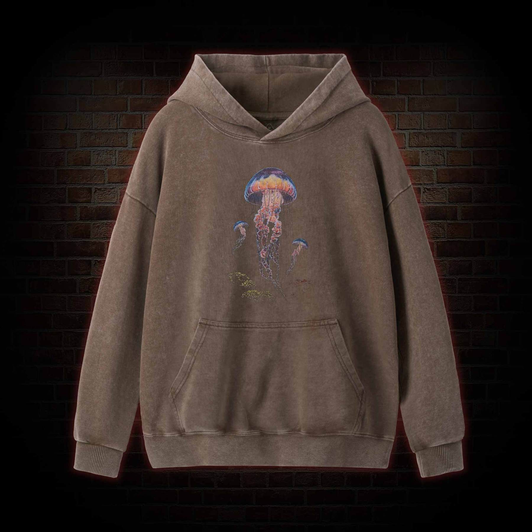 Vintage Jellyfish Dark Ocean Grunge Washed Hoodie