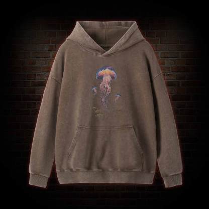 Vintage Jellyfish Dark Ocean Grunge Washed Hoodie