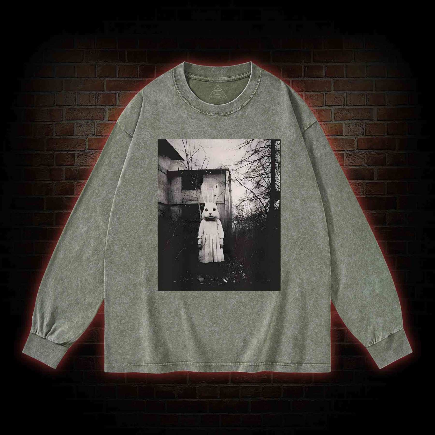 Scary Rabbit Doll Washed Long-Sleeve T-shirt
