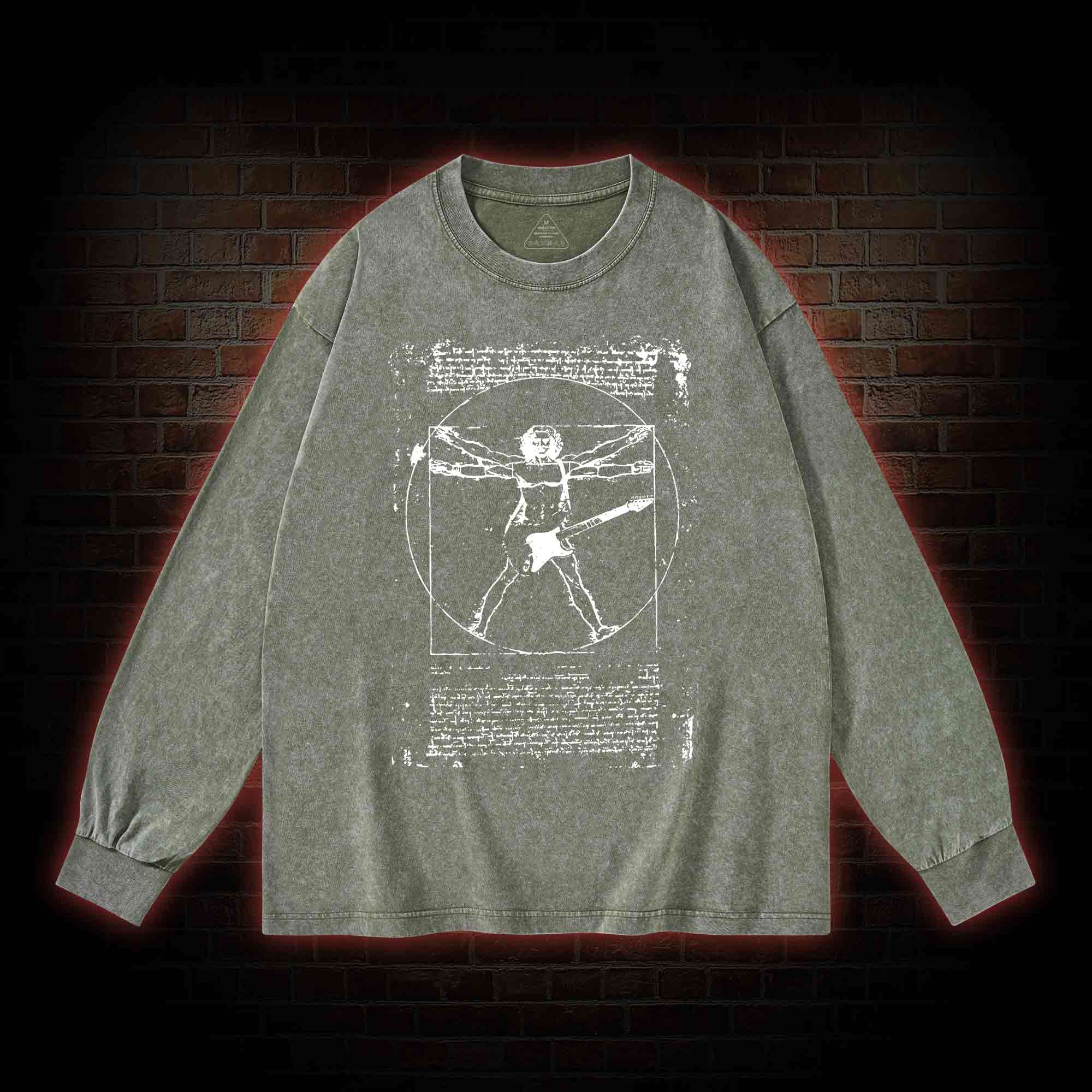 Vitruvian Man Guitar Music Player Washed Long-Sleeve T-shirt