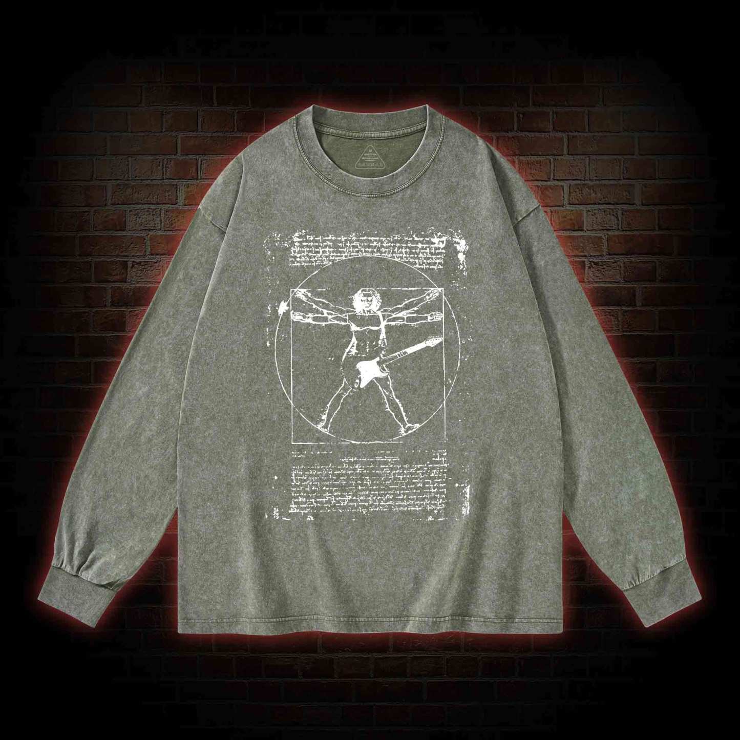Vitruvian Man Guitar Music Player Washed Long-Sleeve T-shirt