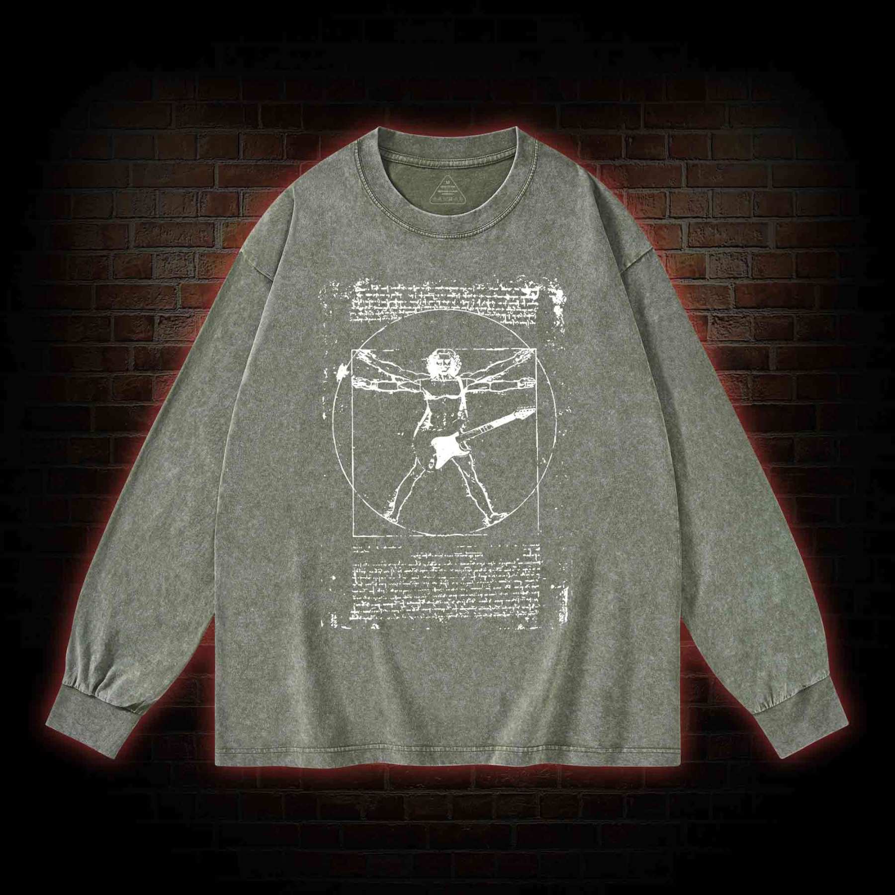 Vitruvian Man Guitar Music Player Washed Long-Sleeve T-shirt