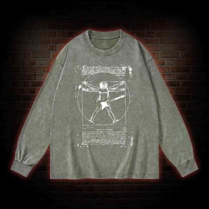 Vitruvian Man Guitar Music Player Washed Long-Sleeve T-shirt
