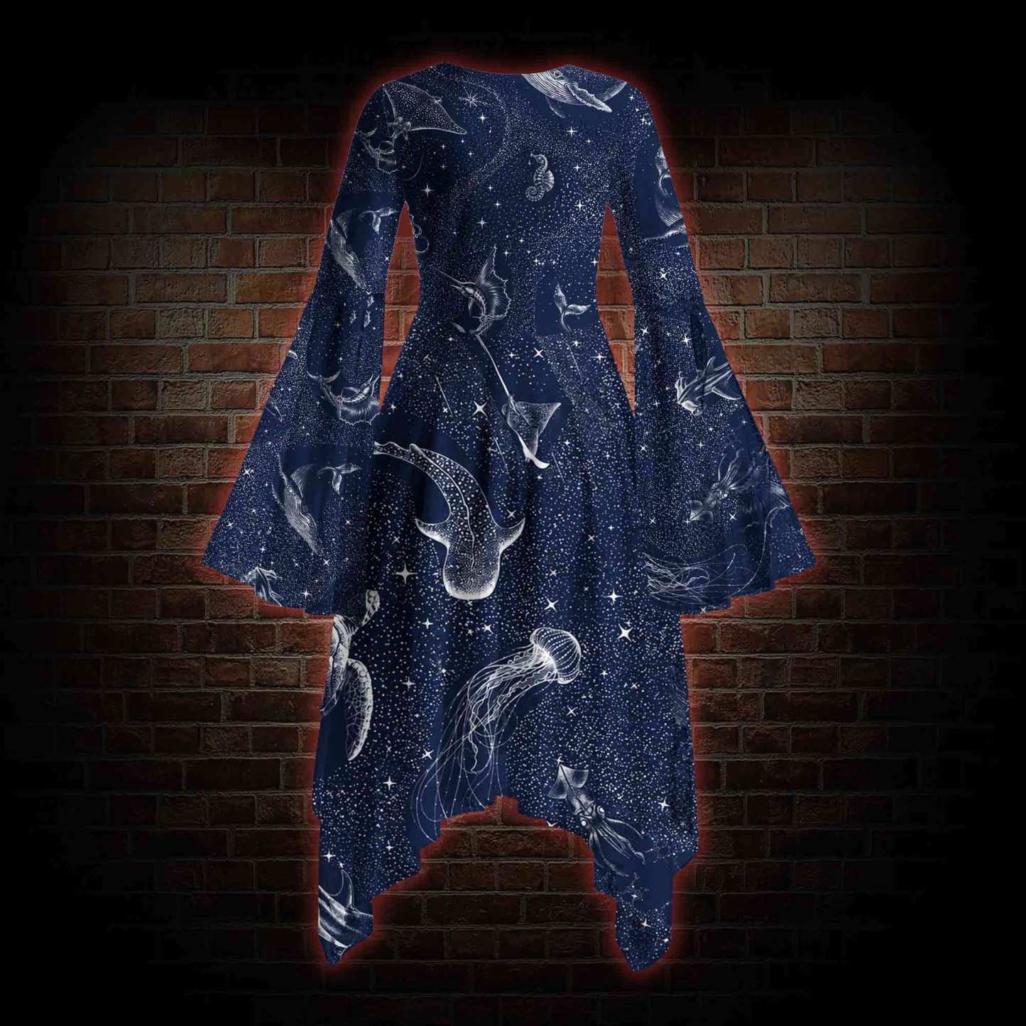 Deep Sea Jellyfish Bell-sleeve Handkerchief-hem Dress