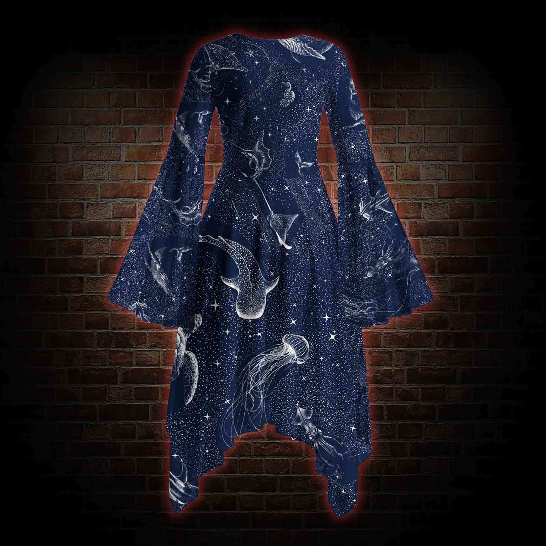 Deep Sea Jellyfish Bell-sleeve Handkerchief-hem Dress