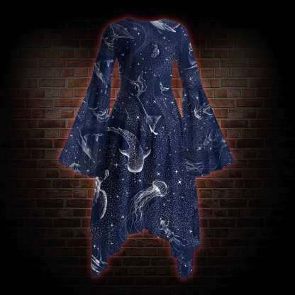 Deep Sea Jellyfish Bell-sleeve Handkerchief-hem Dress