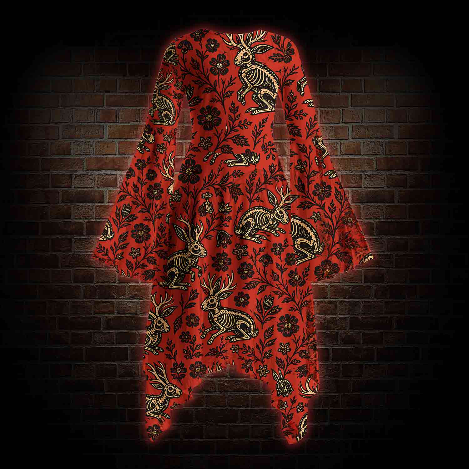 Jacklope and Flower Bell-sleeve Handkerchief-hem Dress