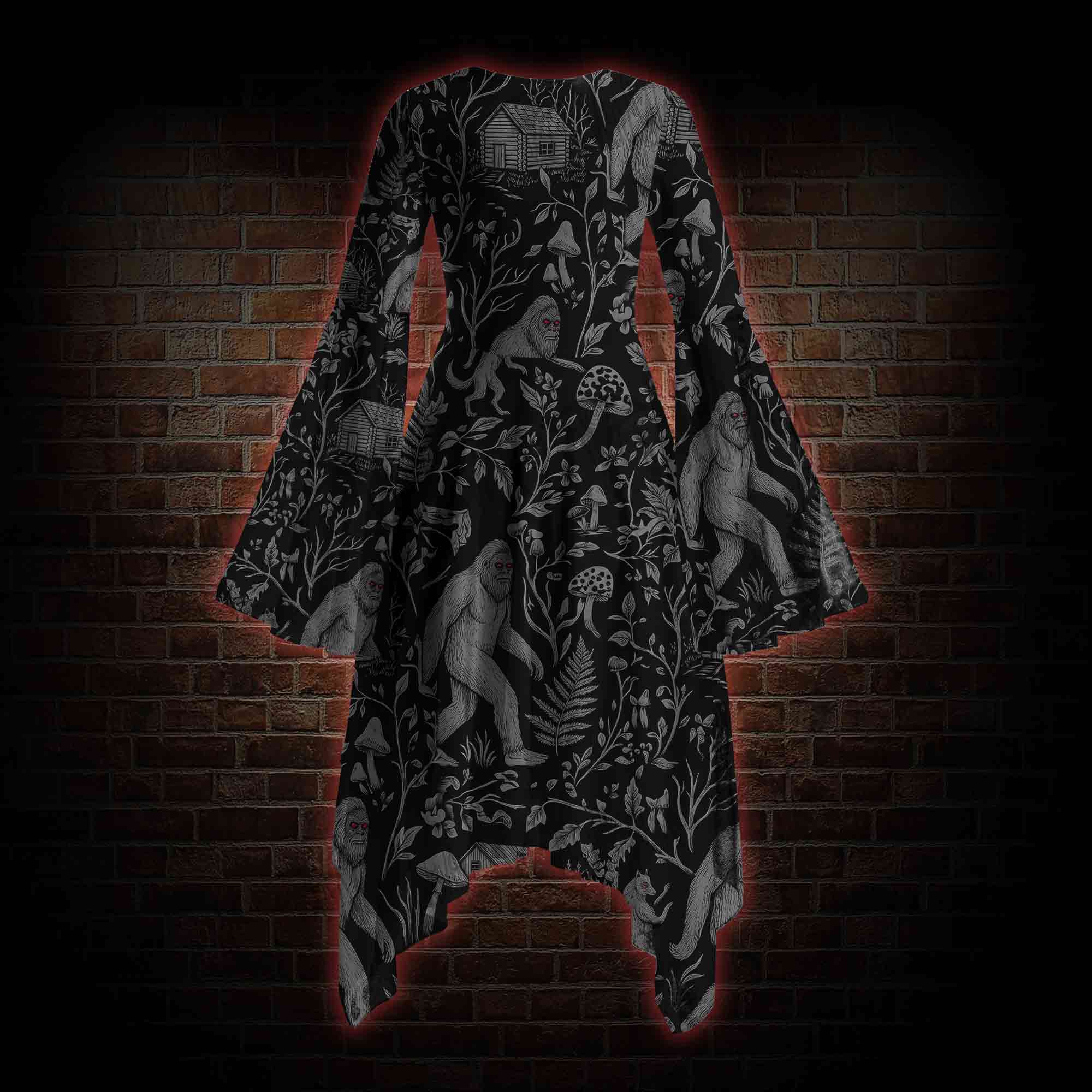 Cryptid Forest Bell-sleeve Handkerchief-hem Dress